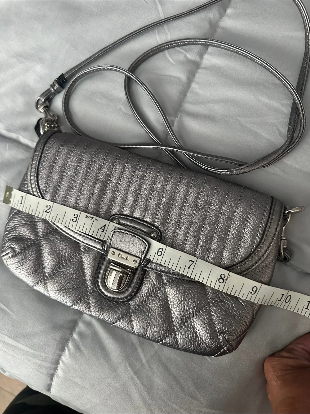 Coach Metallic Silver Quilted Flap Crossbody
